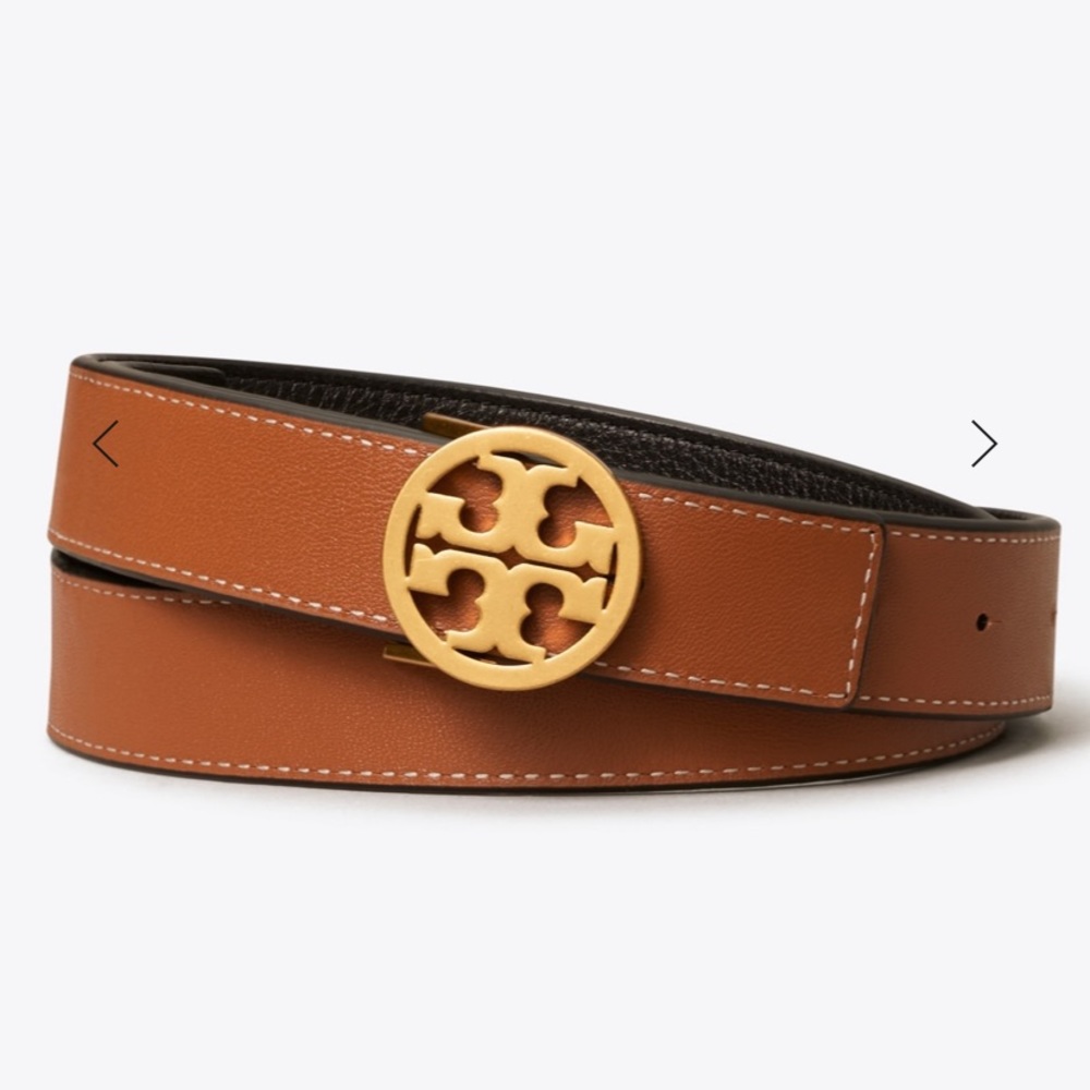 Tory Burch 1” Miller Reversible Belt in gold & chestnut leather